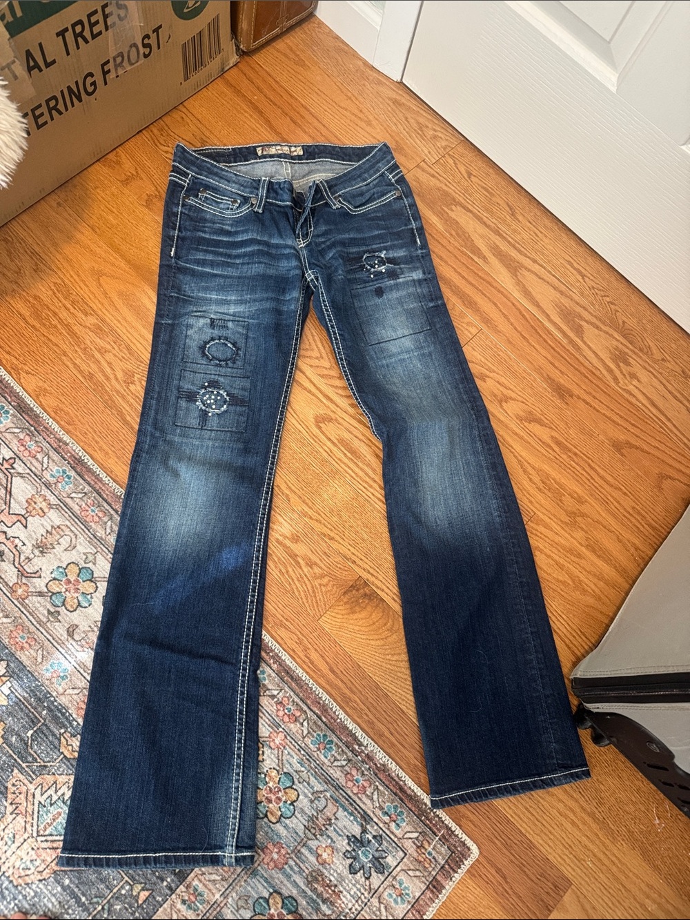 BKE Dark Blue Flare Jeans with Subtle Distressing